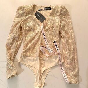 EMPRADA•Harlow gold sequin long sleeve bodysuit small NWT